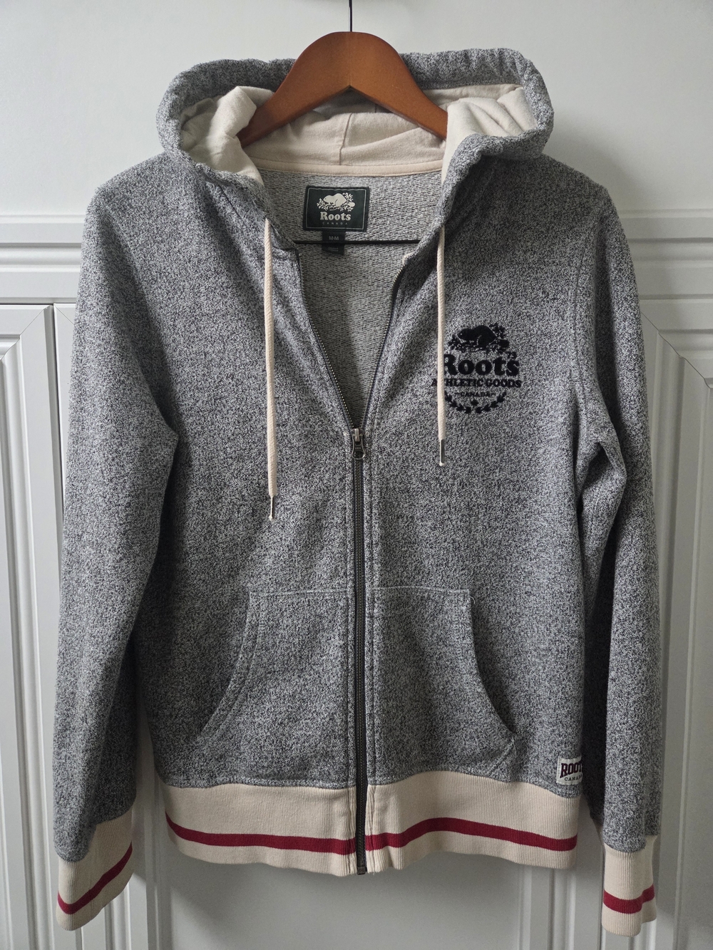 Roots Men’s Grey Zip-Up Hoodie Jacket with Cream Trim